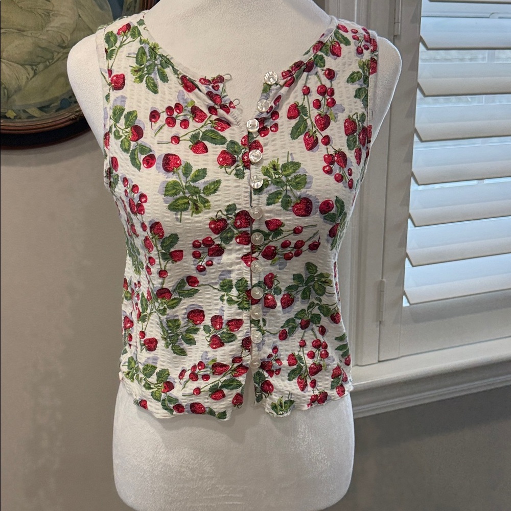 Free People White Cherry Print Sleeveless button down shirt
